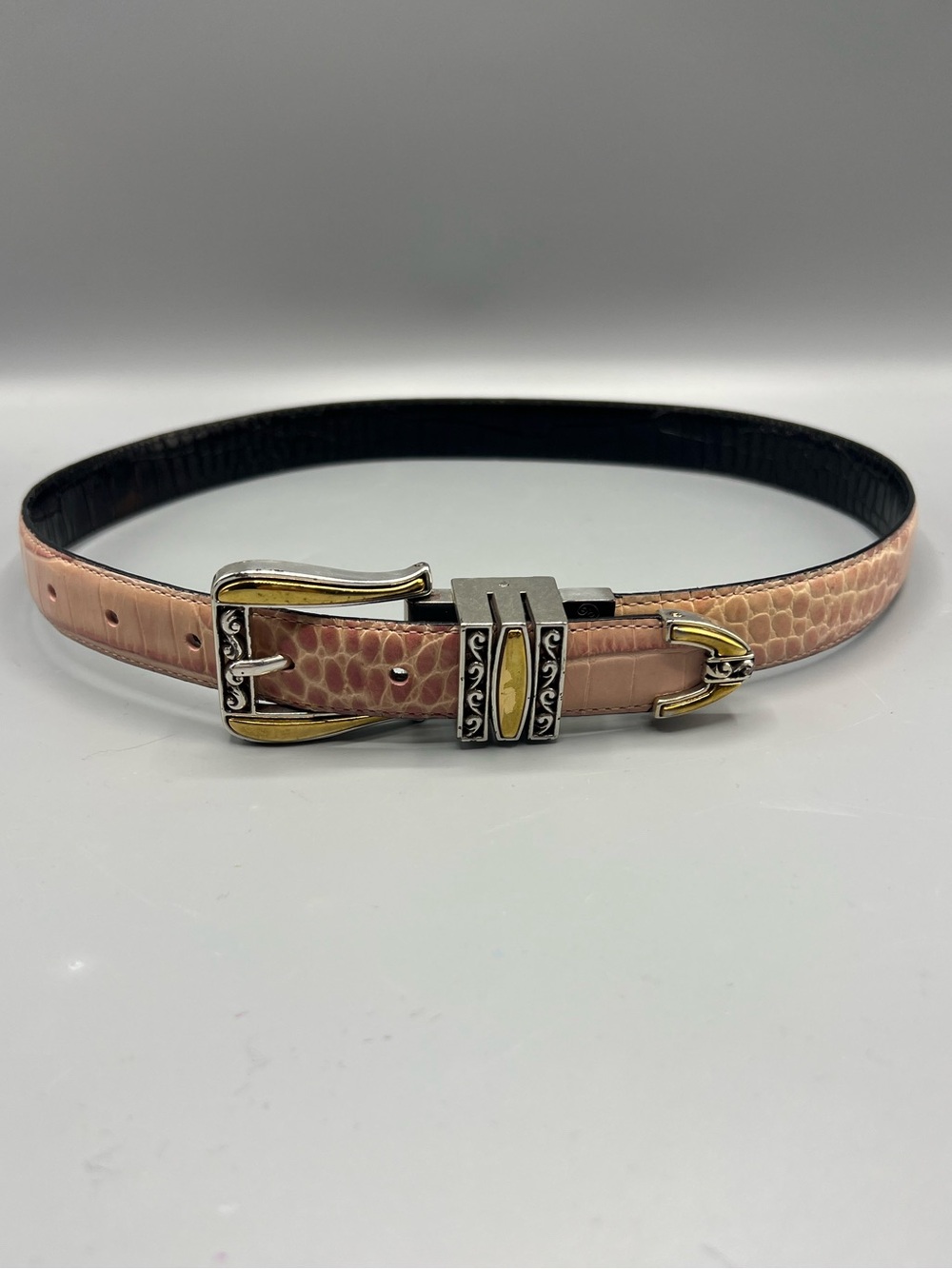 Brighton Reversible Black Pink Croc Embossed Leather Belt Silver Gold Buckle